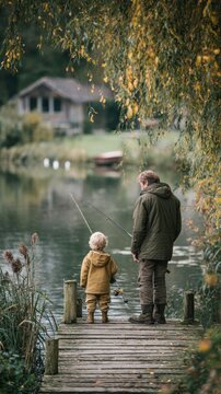 A man and a young child stand on a wooden dock fishing by a lake with a blurred house in the background.
