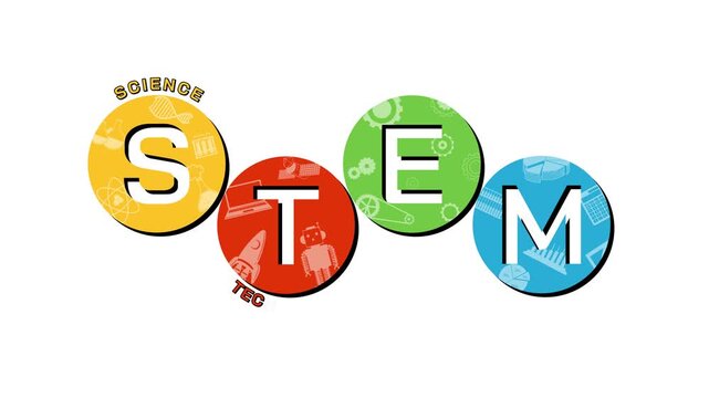 Animated stem education concept with colorful circles representing science technology engineering and mathematics on white background.