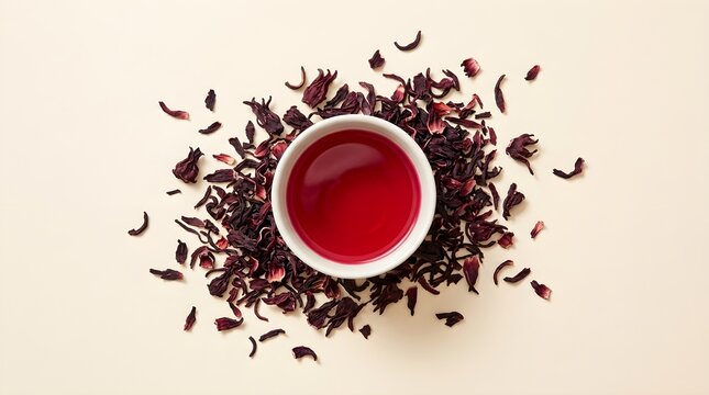 Top view of a white ceramic bowl filled with red hibiscus tea surrounded by dried hibiscus flower petals on a cream background