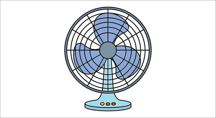 Obraz premium A blue electric fan with protective grill stands against a plain white background electricfan cooling