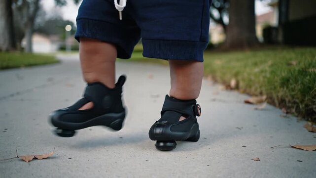 Shifting toddler's feet practicing steps on suburban path in navy shorts, wheeled shoes