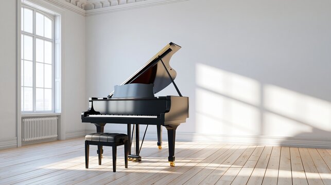 Grand piano in bright empty room with sunlight streaming through window