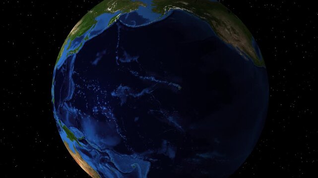 Spinning Earth in space with South Korea highlighted, cinematic zoom.