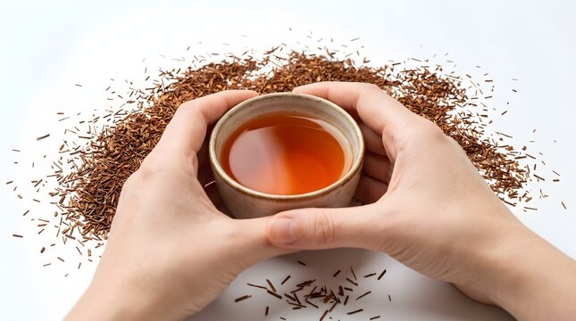 Hands holding a cup of red herbal tea surrounded by dry leaves featuring 3D GIS conceptual mapping