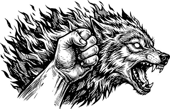 Snarling wolf head and clenched fist engraving style illustration