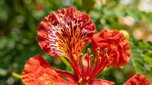 Stunning Close-Up of a Vibrant Orange Royal Poinciana Flower With Detailed Petal Patterns and Stamens