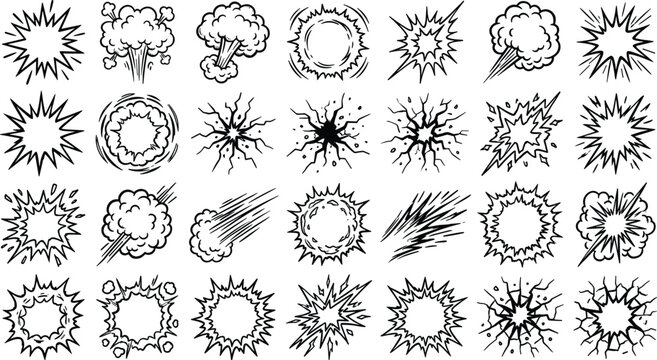 Comic book explosion and action cloud effects set with black and white line art style