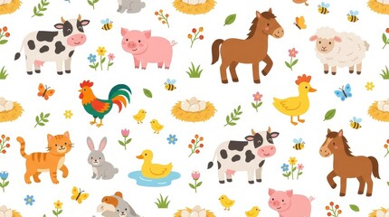 Obraz premium Seamless Pattern with Cute Cartoon Farm Animals, Cow, Pig, Horse, Sheep, and Poultry for Kids Fabric and Wallpaper Design