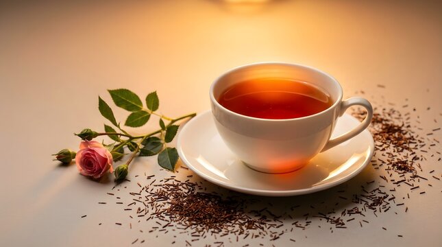 Fresh herbal rooibos tea in white cup with delicate pink rose blossom in warm ambient lighting 3D GIS