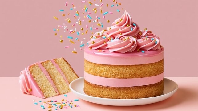 Pink frosted cake with colorful sprinkles and slice on plate