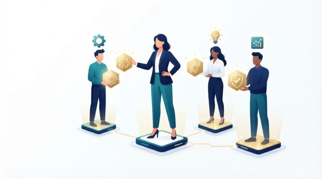 A leadership team works together in a corporate setting, sharing ideas and tasks for successful project management and strategy development.