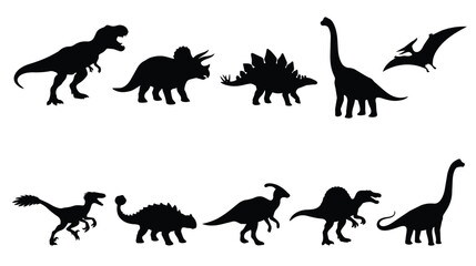Dinosaur silhouette collection, set of 10 prehistoric animal icons, black jurassic creature shapes for educational graphics and logo design isolated on White Background © Shahzaib