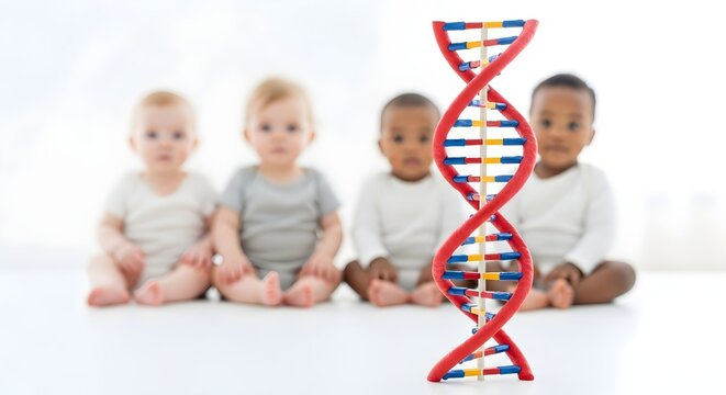 Genetic Diversity and Heritage DNA double helix model in focus with diverse blurred babies sitting in a row on a white background ideal for biotechnology, ancestry research, and pediatric healthcare.