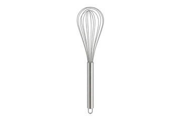 Shiny silver stainless steel kitchen whisk with a loop handle stands upright on a clean white background © Chinases