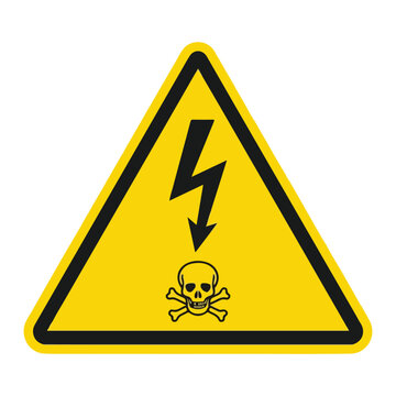 High voltage danger sign with yellow triangle skull crossbones and lightning bolt