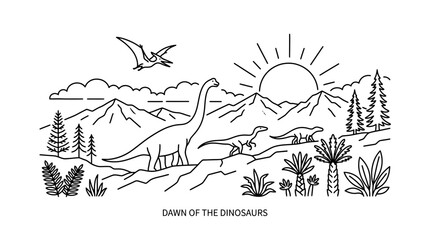 Dinosaur prehistoric landscape line art © Panu