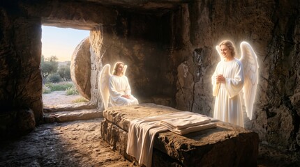 Obraz premium Two angels stand beside an empty tomb and folded burial cloth. Sunlight enters a rocky cave. Christian resurrection symbolism representing Easter, faith, and hope.