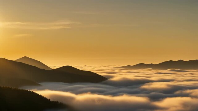 Golden Sunrise Over Sea of Clouds Between Distant Mountain Ridges, Soft Glowing Sky, Cinematic Mountain Landscape, Vertical
