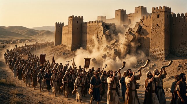 Israelites march around Jericho as trumpets sound and the wall collapses. Pilgrims gather amid dust, banners, and stone ruins. Biblical faith and victory concept.
