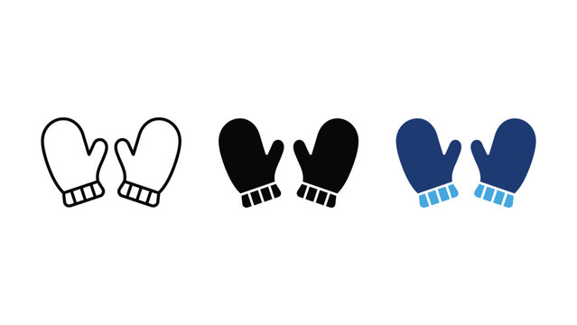 Set of winter mittens icons in outline, solid, and colored styles, perfect for seasonal designs and cold weather concepts