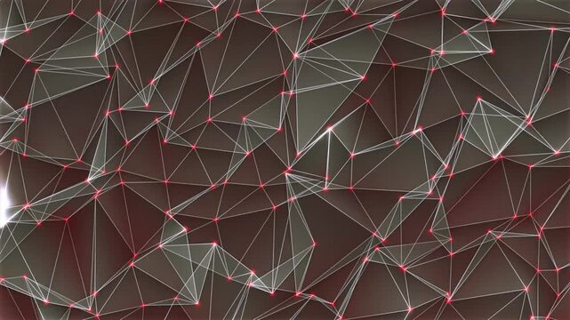 Abstract geometric triangular mesh pattern with connecting white lines and red glowing dots geometric background digital connection
