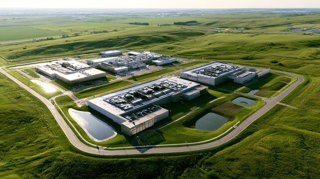Aerial drone view of modern AI data center campus with cooling ponds