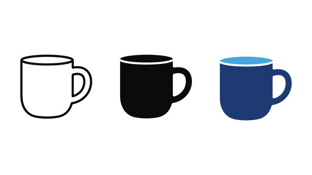 Set of three coffee mugs icons in different styles, outline, solid black and blue color, vector illustration