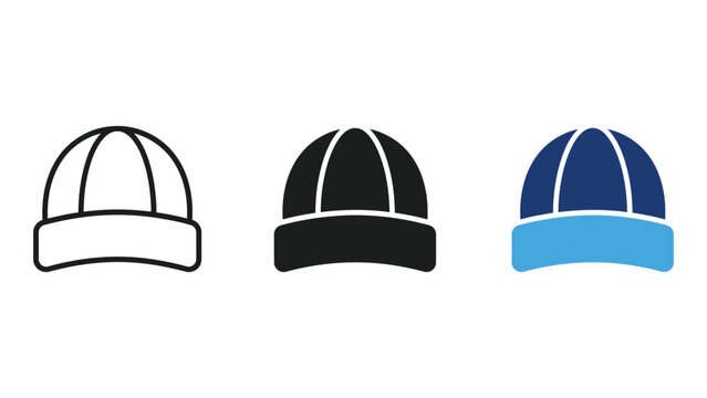 Set of beanie hat icons in outline, solid, and colored styles, winter headwear vector illustration