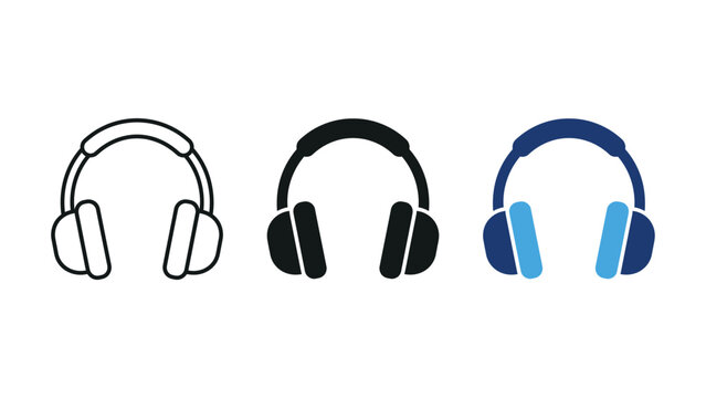 Set of three headphone icons in outline, solid black, and blue styles