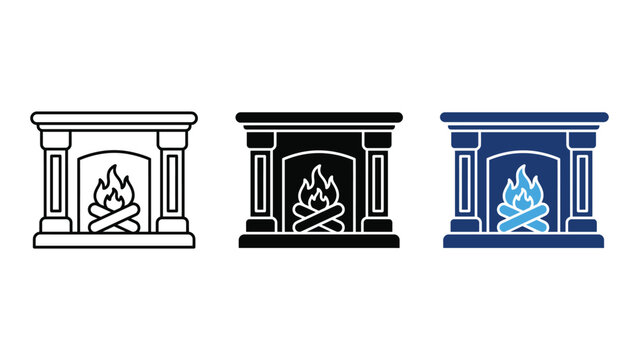 Set of fireplace icons in different styles, outline, solid and flat design