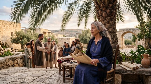 Older woman holds a scroll while teaching a gathered group in an ancient village. Palm trees and stone buildings evoke biblical times. Faith, scripture, and religious education.