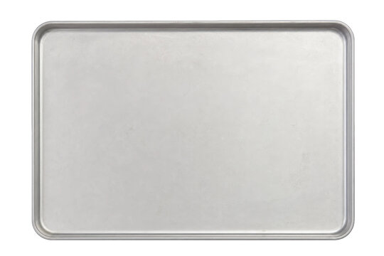 Empty silver rectangular metal baking sheet with rounded corners, isolated on a clean white background, viewed from directly above