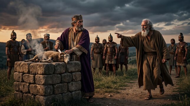 Biblical king offers a ram on a stone altar as a prophet points in warning. Soldiers stand beneath storm clouds. Christian art evokes faith and judgment.