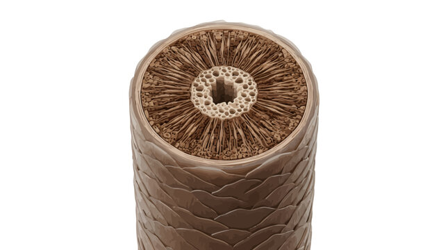 Detailed cross section of human hair strand with cuticle and medulla