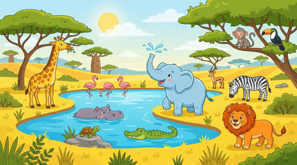 Fototapeta premium Cute Cartoon African Savanna Animals Gathering at a Watering Hole Illustration for Children's Education and Decor