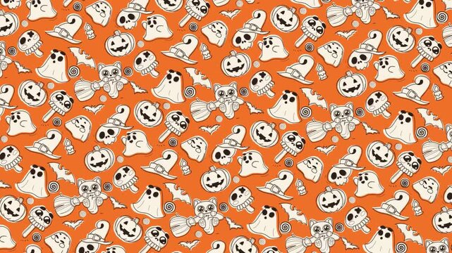 Animated Halloween seamless pattern with ghosts, pumpkins, skulls and spooky characters