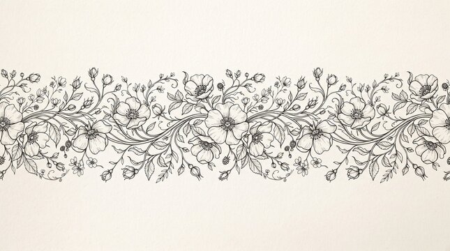 Elegant Hand Inked Wild Rose Floral Border Seamless Botanical Line Art