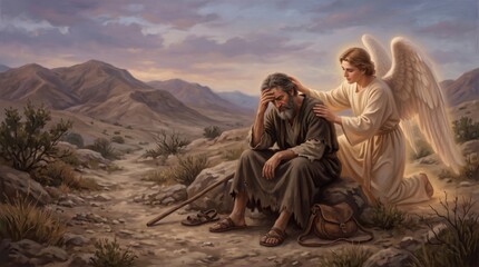 Obraz premium Jesus Christ rests in the wilderness while an angel comforts him. Rocky mountains and a glowing sky frame this biblical scene. Christian art conveys faith and divine guidance.