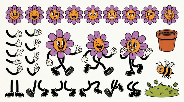Vintage 1930s Rubber Hose Style Flower Character Creator Kit with Expressions, Limbs, Bee, and Garden Elements