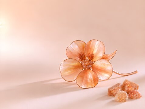 Gemstone Nature Background &ndash; Sunstone. A polished peach sunstone nasturtium with rose-gold filigree and four rough feldspar stones on a pale peach background.