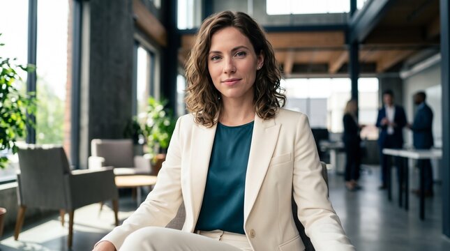Confident female hr manager sitting in modern office lounge, portraying successful corporate leadership, executive recruitment strategy, professional employee talent management concept.