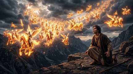 Obraz premium Jesus Christ kneels on a mountain as a radiant heavenly army rides through storm clouds. Biblical vision of angels, warriors, and divine judgment. Religious artwork for faith.