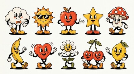Obraz premium Retro Rubber Hose Cartoon Character Set with Vintage 1930s Style Mascot Illustrations of Sun, Heart, Fruit, and Nature