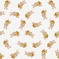Obraz premium Cute Bunny Rabbit Seamless Pattern with Fruit Basket, Flat Woodland Animal Autumn Vector Illustration