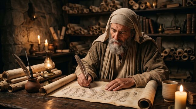 An elderly scribe writes sacred scripture on a parchment scroll. Candlelit ancient chamber holds scrolls, quills, and books. Biblical history and Christian faith concept.