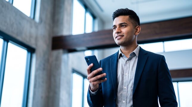 Thoughtful young Indian businessman looking up while holding mobile phone in modern office atrium, planning stock market investment, financial growth strategy and digital crypto trading.