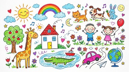 Obraz premium Colorful Children's Hand Drawn Doodles with Animals, House, Sun, and Rainbow on White Background for Education