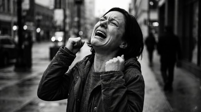 Crying woman raises clenched fists on a city street. Her tearful face shows grief and despair in monochrome. Concept of faith, suffering, and spiritual struggle.