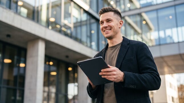 Smiling young businessman standing outside modern glass office building while holding digital tablet computer, doing online payment transaction, managing financial cloud technology data.