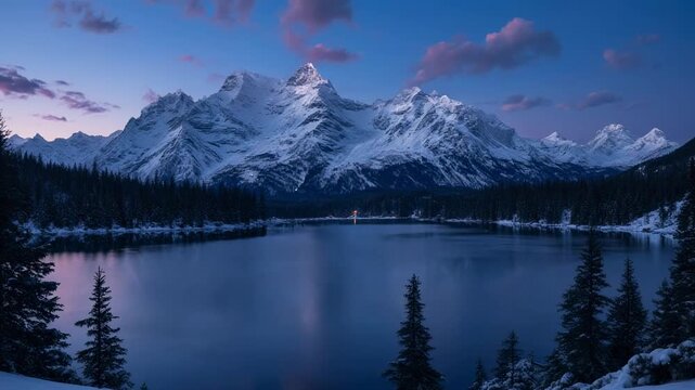 Serene lake reflects snow-capped mountains during twilight with pine trees in foreground